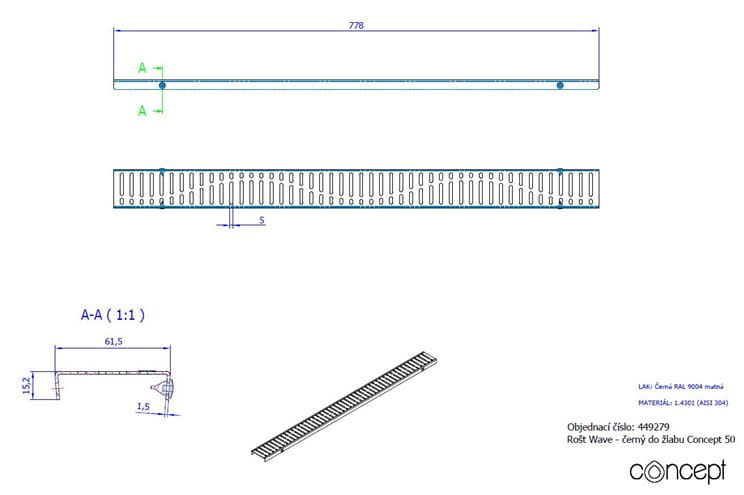 CONCEPT 50 perforovaný rošt WAVE 778 mm, černá 449279 Technický nákres