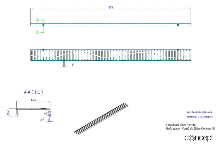CONCEPT 50 perforovaný rošt WAVE 878 mm, černá 449280 Technický nákres