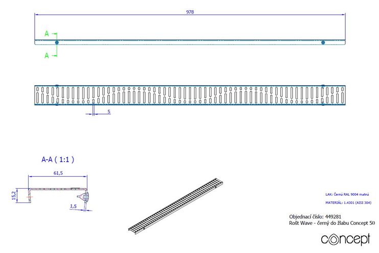CONCEPT 50 perforovaný rošt WAVE 978 mm, černá 449281 Technický nákres
