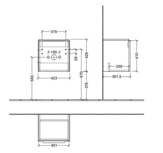 VILLEROY & BOCH VERITY EXCLUSIVE skříňka pod umývátko 42,3x37,8x42,9 cm, 1 dvířka, panty vlevo, Graphite A87900VR Technický nákres
