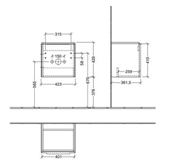 VILLEROY & BOCH VERITY EXCLUSIVE skříňka pod umývátko 42,3x37,8x42,9 cm, 1 dvířka, panty vlevo, Oak Stone A87900RK Technický nákres