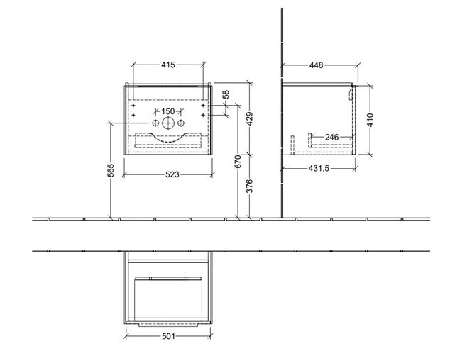 VILLEROY & BOCH VERITY EXCLUSIVE skříňka pod umyvadlo 52,3x44,8x42,9 cm, 1 zásuvka, Oak Kansas A69500RH Technický nákres