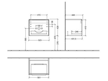 VILLEROY & BOCH VERITY EXCLUSIVE skříňka pod umyvadlo 52,3x44,8x42,9 cm, 1 zásuvka, Oak Kansas A69500RH Technický nákres