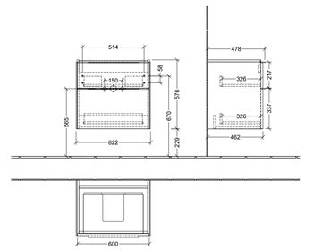 VILLEROY & BOCH VERITY EXCLUSIVE skříňka pod umyvadlo 62,2x47,8x57,6 cm, 2 zásuvky, Graphite A69300VR Technický nákres
