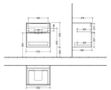 VILLEROY & BOCH VERITY EXCLUSIVE skříňka pod umyvadlo 57,2x47,8x57,6 cm, 2 zásuvky, Oak Kansas A69400RH Technický nákres