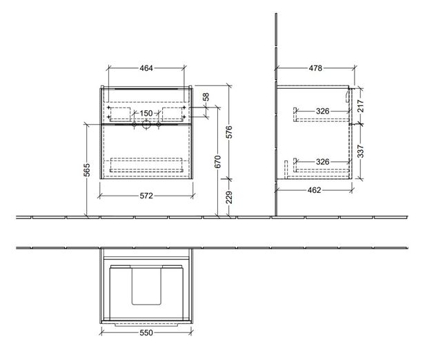 VILLEROY & BOCH VERITY EXCLUSIVE skříňka pod umyvadlo 57,2x47,8x57,6 cm, 2 zásuvky, Oak Kansas A69400RH Technický nákres