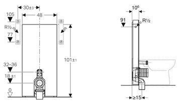 GEBERIT MONOLITH sanitární modul pro WC 101 cm, sklo, bílá 131.003.SI.5 Technický nákres