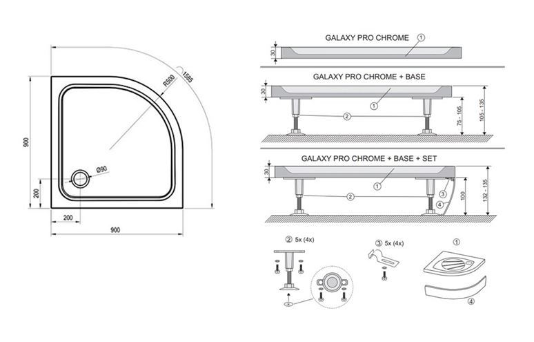 RAVAK ELIPSO PRO CHROME 90 sprchová vanička 90x90 cm, R500, litý mramor, bez nožiček XA247701010 Technický nákres