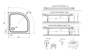 RAVAK ELIPSO PRO CHROME 90 sprchová vanička 90x90 cm, R500, litý mramor, bez nožiček XA247701010 Technický nákres