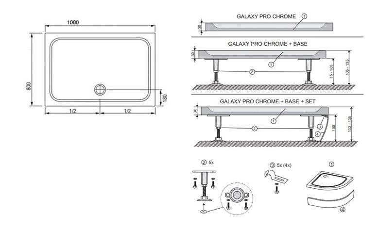RAVAK GIGANT PRO CHROME sprchová vanička 100x80 cm, litý mramor, bez nožiček XA04A401010 Technický nákres