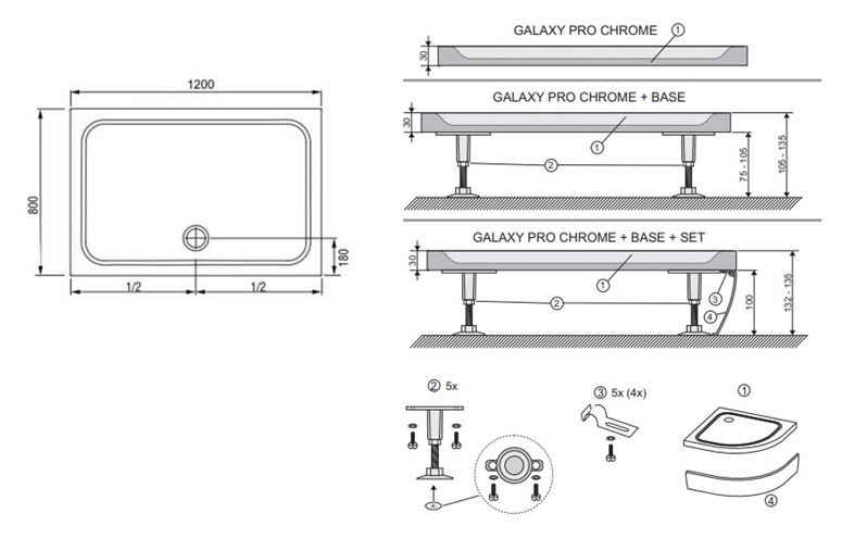 RAVAK GIGANT PRO CHROME sprchová vanička 120x80 cm, litý mramor, bez nožiček XA04G401010 Technický nákres