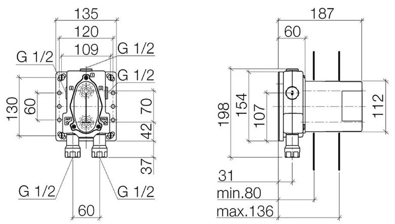 DORNBRACHT podomítkové těleso DN15 35 425 970 90 Technický nákres