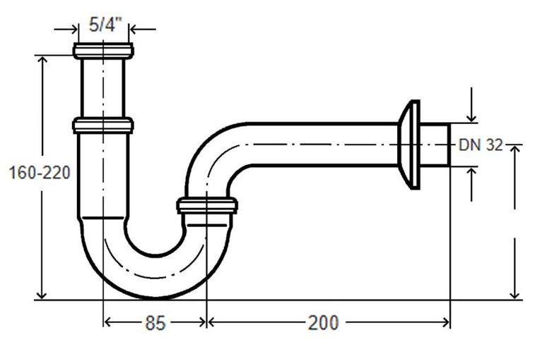 VIEGA 5611 designový sifon k umyvadlu DN38, s převlečnou maticí 5/4, chrom 123451 Technický nákres