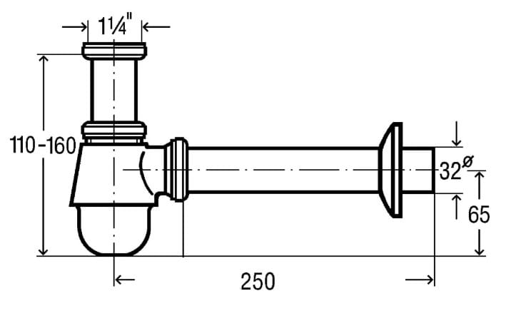 VIEGA 5555 designový bidetový sifon DN32, s převlečnou maticí 5/4, chrom 116941 Technický nákres
