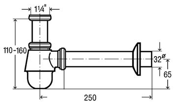 VIEGA 5555 designový bidetový sifon DN32, s převlečnou maticí 5/4, chrom 116941 Technický nákres