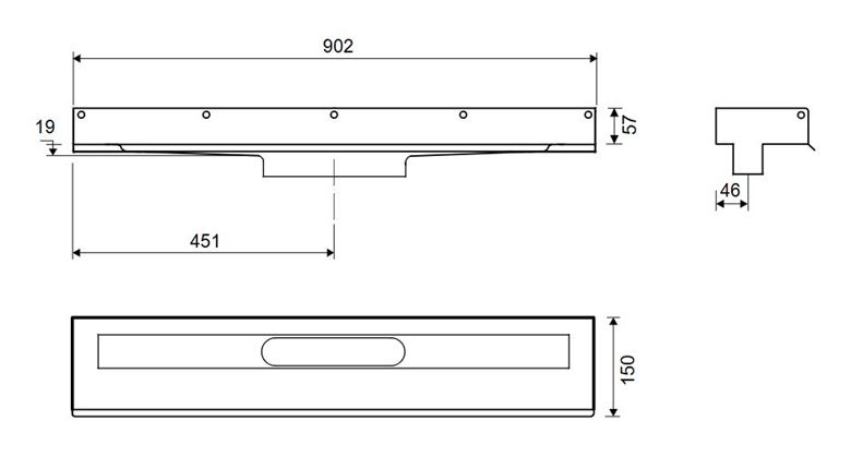 UNIDRAIN 1001 sprchový žlab 900 mm, ke stěně, bez odtoku, bez roštu, nerez ocel 1001.0900 Technický nákres