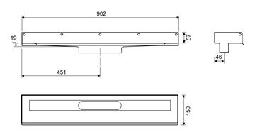 UNIDRAIN 1001 sprchový žlab 900 mm, ke stěně, bez odtoku, bez roštu, nerez ocel 1001.0900 Technický nákres