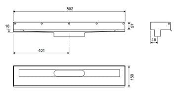 UNIDRAIN 1001 sprchový žlab 800 mm, ke stěně, bez odtoku, bez roštu, nerez ocel 1001.0800 Technický nákres