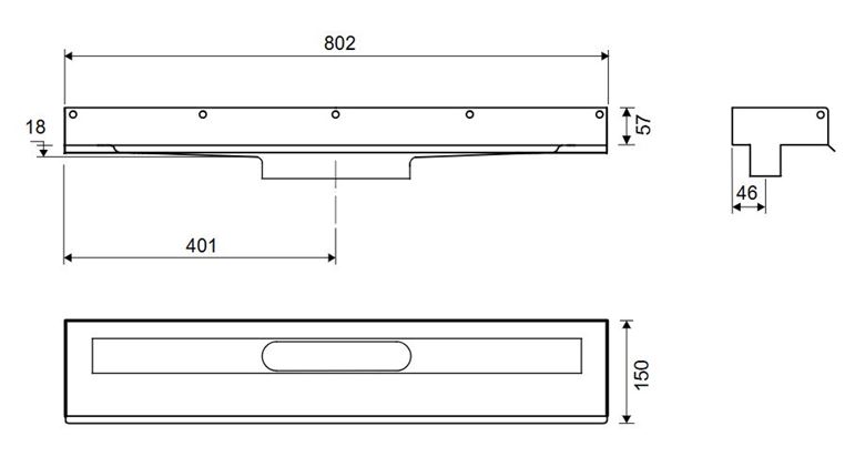 UNIDRAIN 1001 sprchový žlab 800 mm, ke stěně, bez odtoku, bez roštu, nerez ocel 1001.0800 Technický nákres