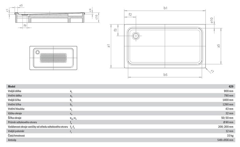 KALDEWEI SUPERPLAN XXL 429-1 sprchová vanička 90x140 cm, smaltovaná ocel, bez nosiče, Perl Effekt, Antislip 432930003001 Technický nákres