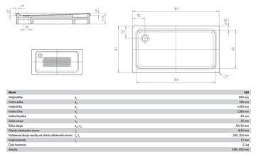 KALDEWEI SUPERPLAN XXL 429-1 sprchová vanička 90x140 cm, smaltovaná ocel, bez nosiče, Perl Effekt, Antislip 432930003001 Technický nákres