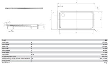 KALDEWEI SUPERPLAN XXL 429-1 sprchová vanička 90x140 cm, smaltovaná ocel, bez nosiče, Perl Effekt 432900013001 Technický nákres
