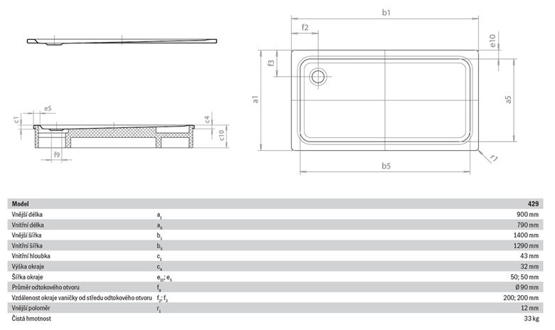 KALDEWEI SUPERPLAN XXL 429-1 sprchová vanička 90x140 cm, smaltovaná ocel, bez nosiče, Perl Effekt 432900013001 Technický nákres