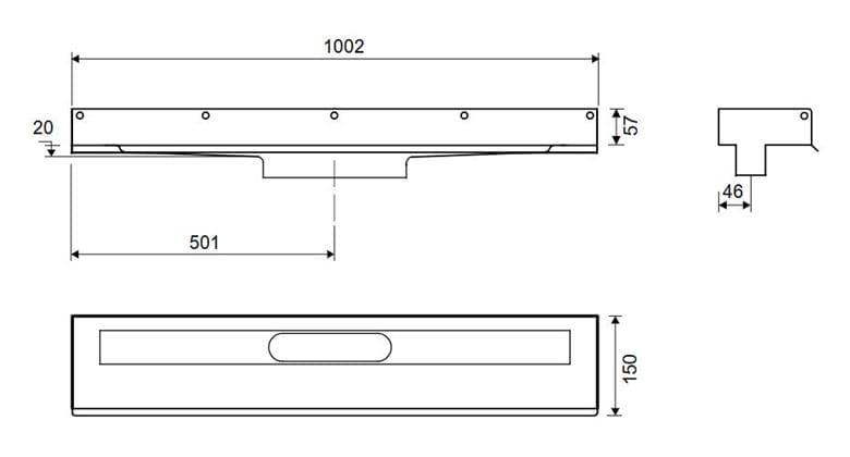 UNIDRAIN 1001 sprchový žlab 1000 mm, ke stěně, bez odtoku, bez roštu, nerez ocel 1001.1000 Technický nákres