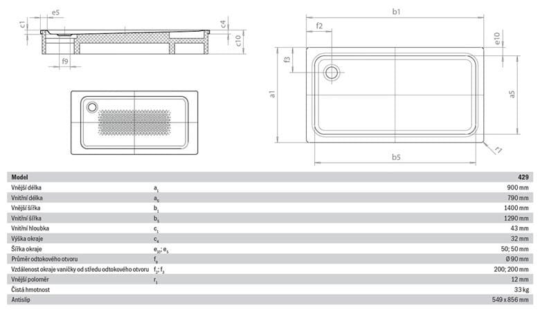 KALDEWEI SUPERPLAN XXL 429-1 sprchová vanička 90x140 cm, smaltovaná ocel, bez nosiče, Antislip 432930000001 Technický nákres