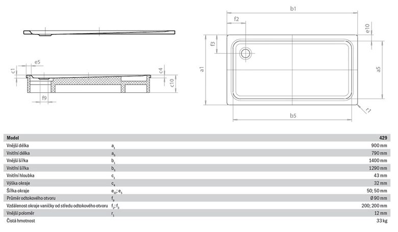 KALDEWEI SUPERPLAN XXL 429-1 sprchová vanička 90x140 cm, smaltovaná ocel, bez nosiče 432900010001 Technický nákres