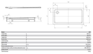KALDEWEI SUPERPLAN XXL 429-1 sprchová vanička 90x140 cm, smaltovaná ocel, bez nosiče 432900010001 Technický nákres