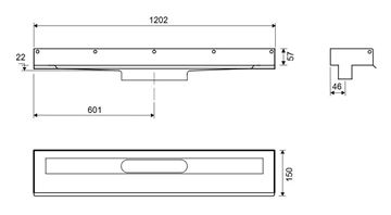UNIDRAIN 1001 sprchový žlab 1200 mm, ke stěně, bez odtoku, bez roštu, nerez ocel 1001.1200 Technický nákres