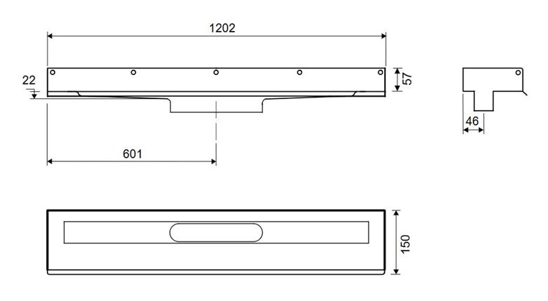 UNIDRAIN 1001 sprchový žlab 1200 mm, ke stěně, bez odtoku, bez roštu, nerez ocel 1001.1200 Technický nákres
