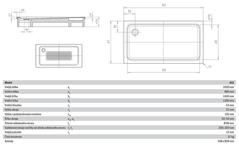 KALDEWEI SUPERPLAN XXL 412-2 sprchová vanička 100x140 cm, smaltovaná ocel, s nosičem, Perl Effekt, Antislip 431235003001 Technický nákres