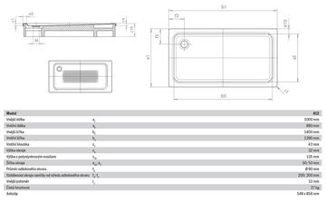 KALDEWEI SUPERPLAN XXL 412-2 sprchová vanička 100x140 cm, smaltovaná ocel, s nosičem, Perl Effekt, Antislip 431235003001 Technický nákres