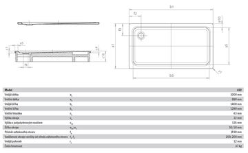 KALDEWEI SUPERPLAN XXL 412-2 sprchová vanička 100x140 cm, smaltovaná ocel, s nosičem 431248040001 Technický nákres