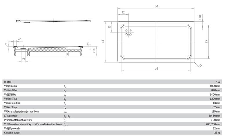 KALDEWEI SUPERPLAN XXL 412-2 sprchová vanička 100x140 cm, smaltovaná ocel, s nosičem 431248040001 Technický nákres