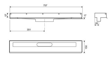 UNIDRAIN 1002 sprchový žlab 700 mm, ke stěně, bez odtoku, bez roštu, nerez ocel 1002.0700 Technický nákres