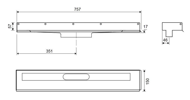 UNIDRAIN 1002 sprchový žlab 700 mm, ke stěně, bez odtoku, bez roštu, nerez ocel 1002.0700 Technický nákres