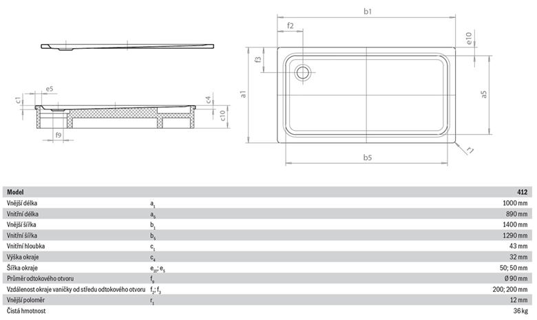 KALDEWEI SUPERPLAN XXL 412-1 sprchová vanička 100x140 cm, smaltovaná ocel, bez nosiče, Perl Effekt 431200013001 Technický nákres