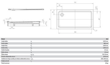 KALDEWEI SUPERPLAN XXL 412-1 sprchová vanička 100x140 cm, smaltovaná ocel, bez nosiče, Perl Effekt 431200013001 Technický nákres