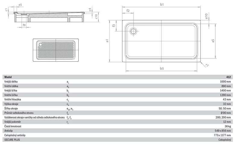 KALDEWEI SUPERPLAN XXL 412-1 sprchová vanička 100x140 cm, smaltovaná ocel, bez nosiče, celoplošný Antislip, Perl Effekt 431230023001 Technický nákres