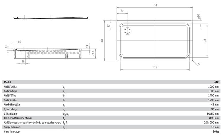KALDEWEI SUPERPLAN XXL 412-1 sprchová vanička 100x140 cm, smaltovaná ocel, bez nosiče 431200010001 Technický nákres