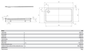 KALDEWEI SUPERPLAN XXL 412-1 sprchová vanička 100x140 cm, smaltovaná ocel, bez nosiče 431200010001 Technický nákres