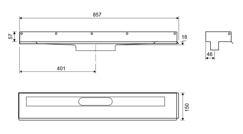 UNIDRAIN 1002 sprchový žlab 800 mm, ke stěně, bez odtoku, bez roštu, nerez ocel 1002.0800 Technický nákres