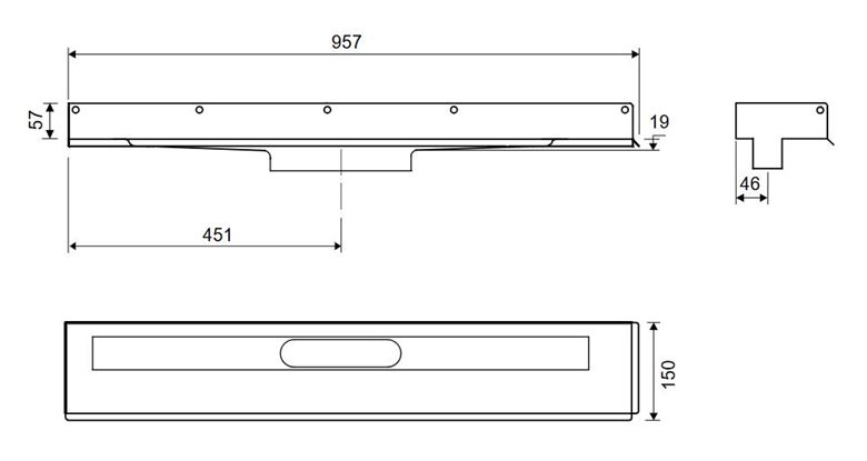 UNIDRAIN 1002 sprchový žlab 900 mm, ke stěně, bez odtoku, bez roštu, nerez ocel 1002.0900 Technický nákres