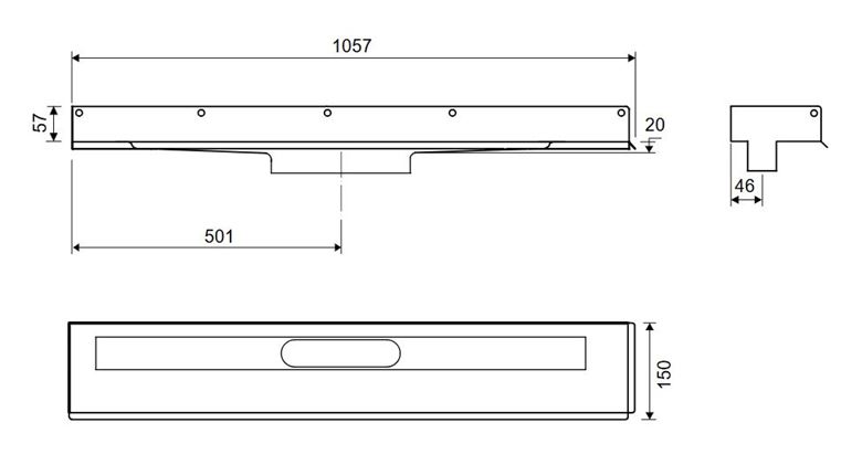 UNIDRAIN 1002 sprchový žlab 1000 mm, ke stěně, bez odtoku, bez roštu, nerez ocel 1002.1000 Technický nákres