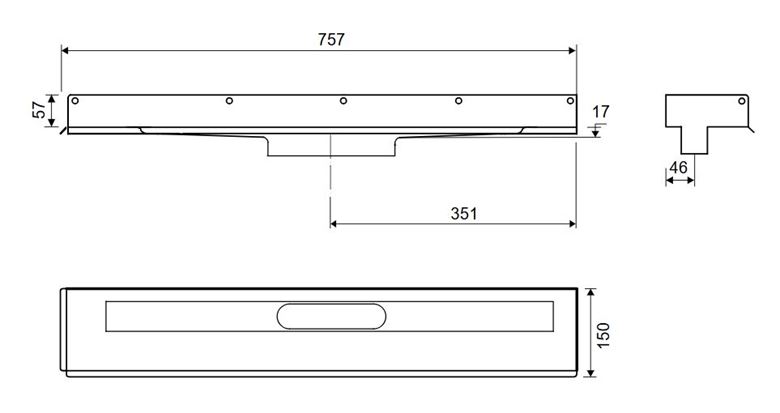 UNIDRAIN 1003 sprchový žlab 700 mm, ke stěně, bez odtoku, bez roštu, nerez ocel 1003.0700 Technický nákres