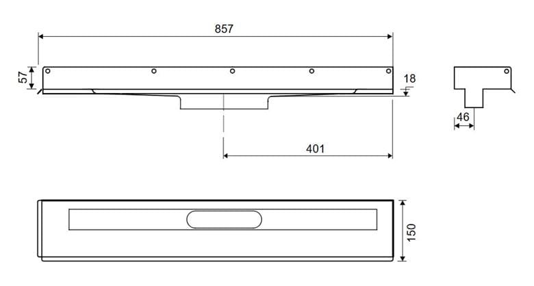 UNIDRAIN 1003 sprchový žlab 800 mm, ke stěně, bez odtoku, bez roštu, nerez ocel 1003.0800 Technický nákres