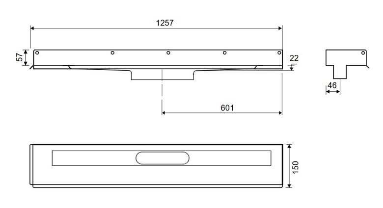 UNIDRAIN 1003 sprchový žlab 1200 mm, ke stěně, bez odtoku, bez roštu, nerez ocel 1003.1200 Technický nákres